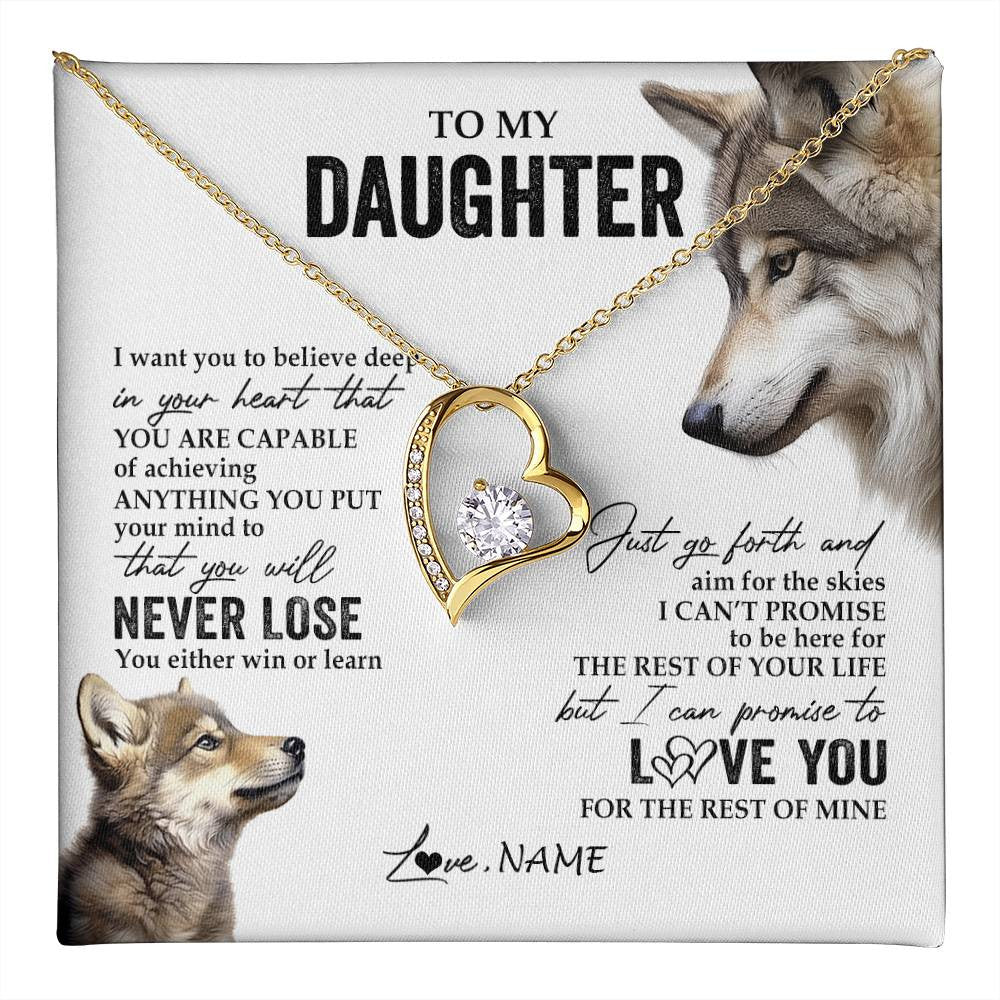 Forever Love Necklace 18K Yellow Gold Finish | 1 | Personalized To My Daughter Necklace From Mom Dad Mother You Will Never Lose Wolf Daughter Birthday Graduation Christmas Customized Gift Box Message Card | teecentury