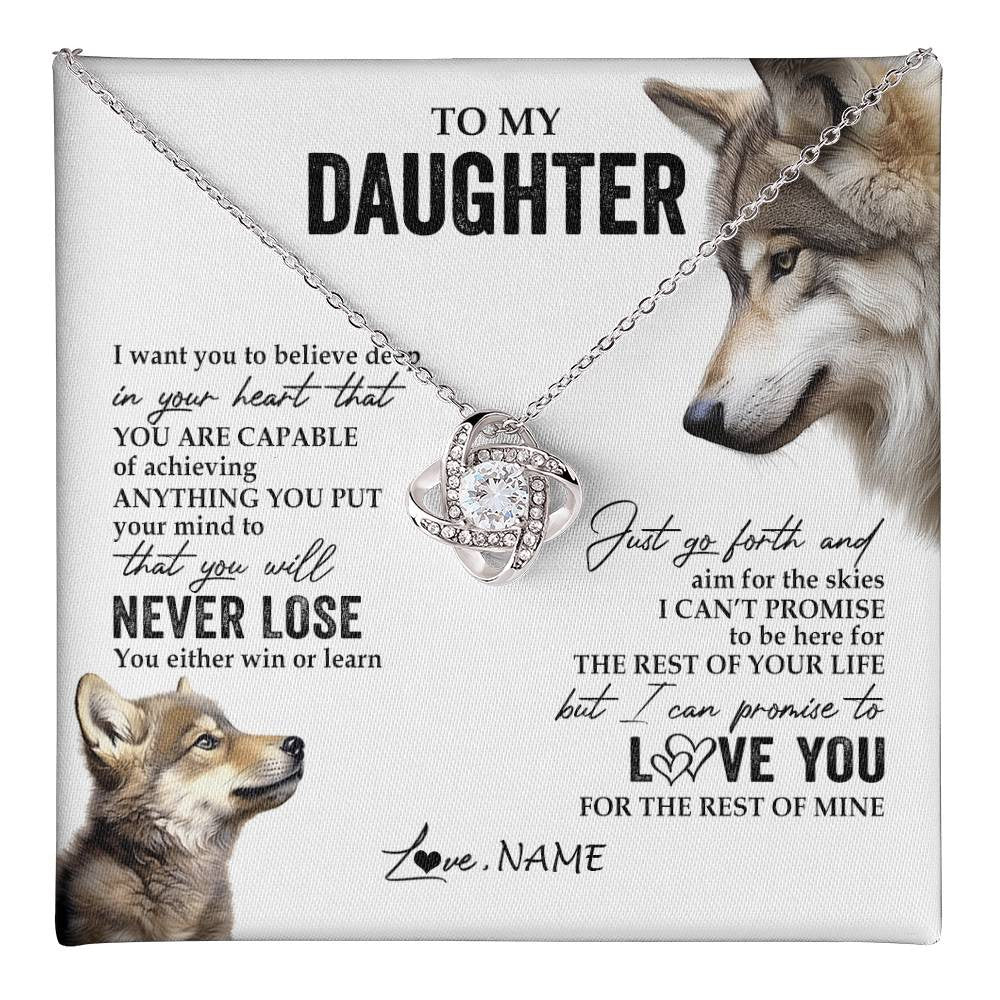Love Knot Necklace 14K White Gold Finish | 1 | Personalized To My Daughter Necklace From Mom Dad Mother You Will Never Lose Wolf Daughter Birthday Graduation Christmas Customized Gift Box Message Card | teecentury