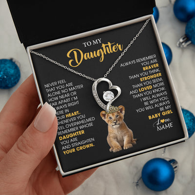 Forever Love Necklace 14K White Gold Finish | 2 | Personalized To My Daughter Necklace From Mom Dad Never Feel You Are Alone Lion Birthday Gift Daughter Valentine's Day Christmas Gift Box Message Card | teecentury