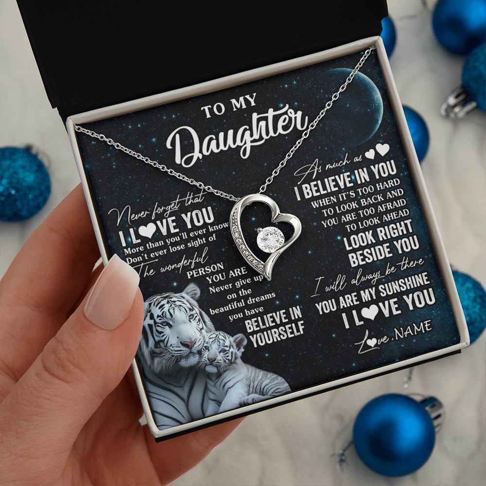 Forever Love Necklace 14K White Gold Finish | 2 | Personalized To My Daughter Necklace From Mom Dad Never Forget I Love You White Tiger Daughter Birthday Graduation Christmas Customized Gift Box Message Card | teecentury