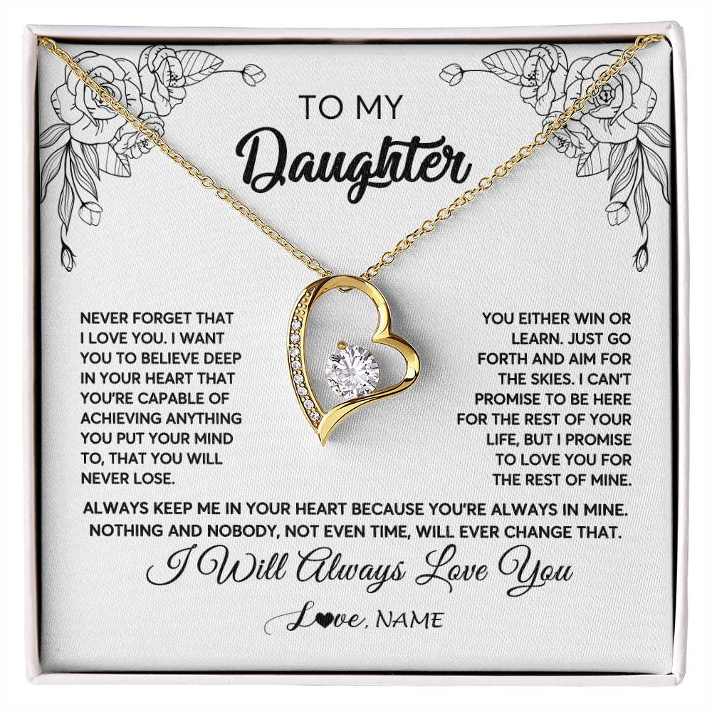 Forever Love Necklace 18K Yellow Gold Finish | Personalized To My Daughter Necklace From Mom Dad Never Forget That I Love You Daughter Birthday Christmas Jewelry Pendant Customized Gift Box Message Card | teecentury