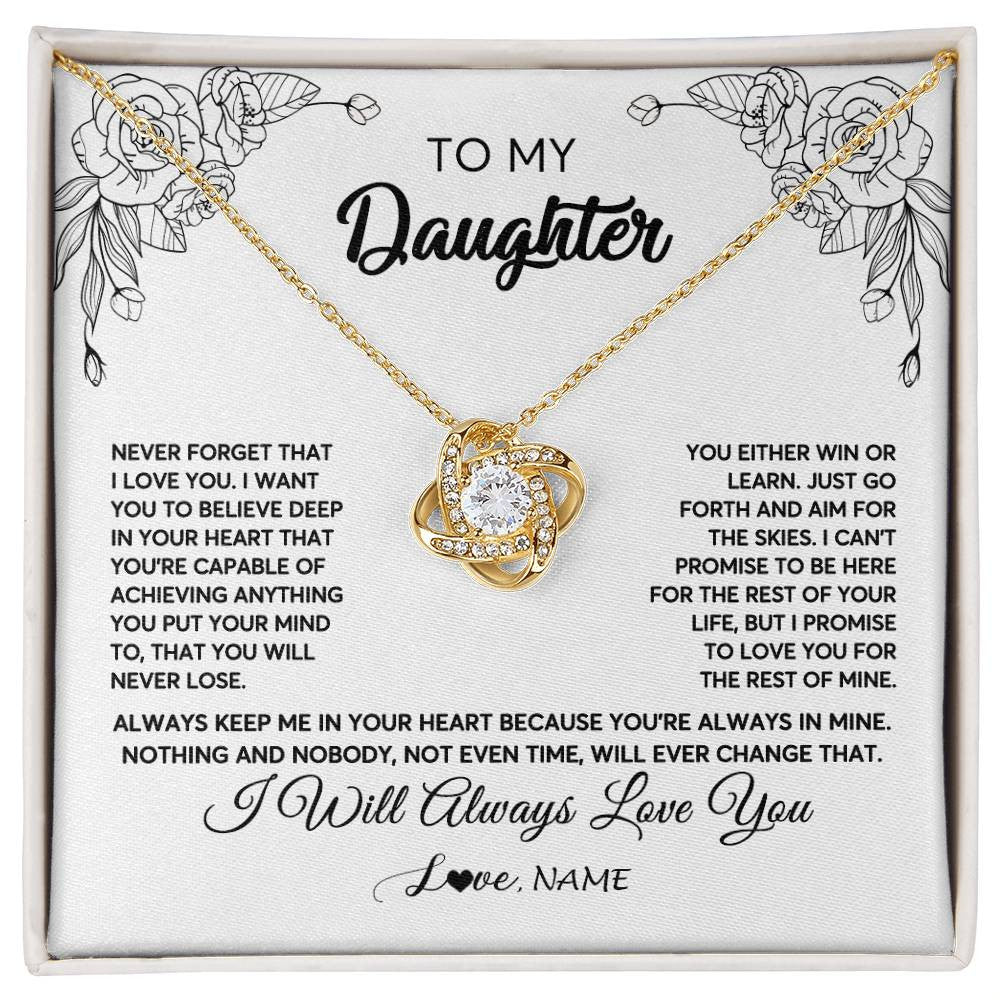 Love Knot Necklace 18K Yellow Gold Finish | Personalized To My Daughter Necklace From Mom Dad Never Forget That I Love You Daughter Birthday Christmas Jewelry Pendant Customized Gift Box Message Card | teecentury