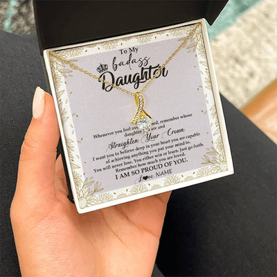 Alluring Beauty Necklace 18K Yellow Gold Finish | Personalized To My Daughter Necklace From Mom Dad Straighten Your Crown Daughter Birthday Christmas Graduation Jewelry Customized Gift Box Message Card | teecentury