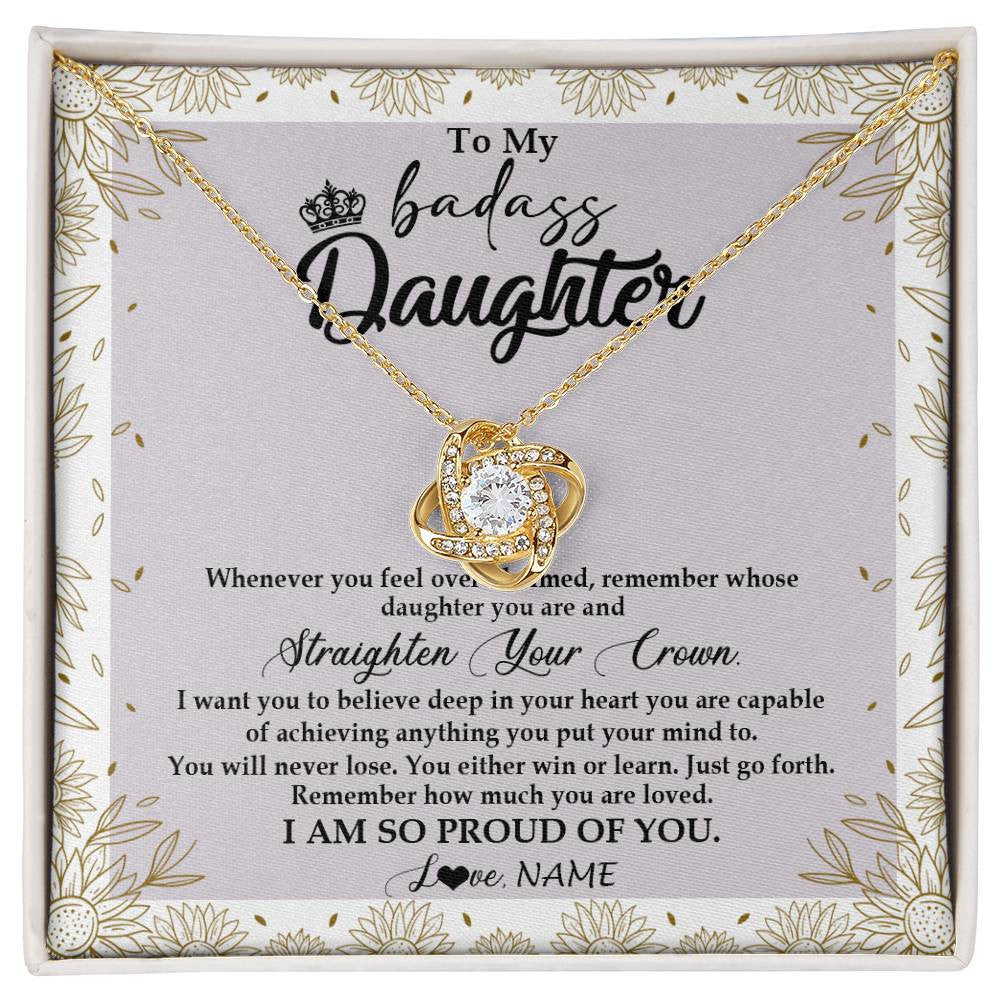 Love Knot Necklace 18K Yellow Gold Finish | Personalized To My Daughter Necklace From Mom Dad Straighten Your Crown Daughter Birthday Christmas Graduation Jewelry Customized Gift Box Message Card | teecentury