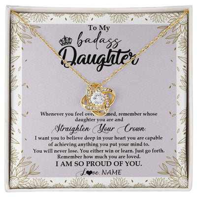 Love Knot Necklace 18K Yellow Gold Finish | Personalized To My Daughter Necklace From Mom Dad Straighten Your Crown Daughter Birthday Christmas Graduation Jewelry Customized Gift Box Message Card | teecentury