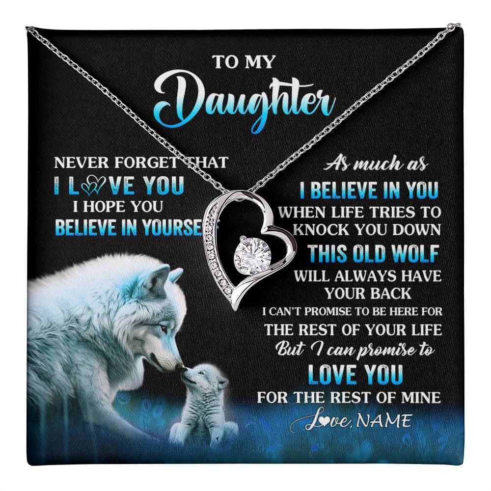 Forever Love Necklace 14K White Gold Finish | 1 | Personalized To My Daughter Necklace From Mom Dad This Old Wolf Love Daughter Birthday Gifts Jewelry Graduation Christmas Customized Gift Box Message Card | teecentury