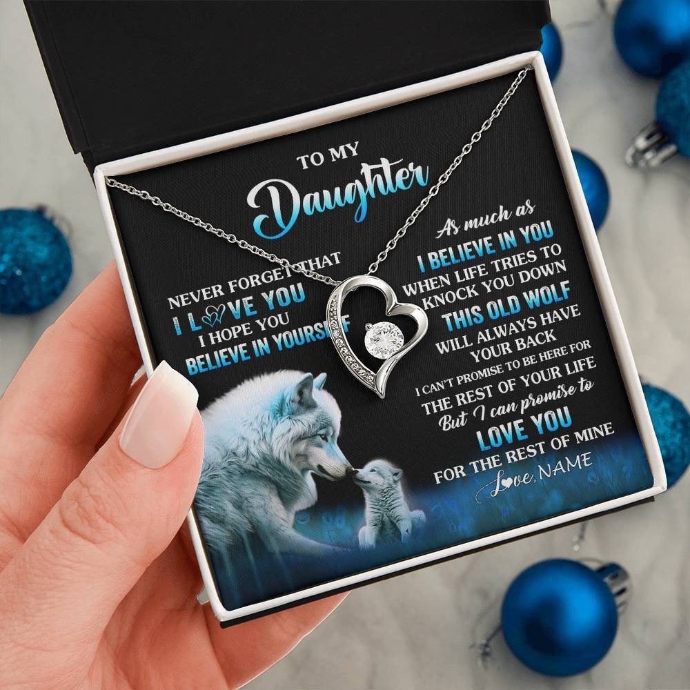 Forever Love Necklace 14K White Gold Finish | 2 | Personalized To My Daughter Necklace From Mom Dad This Old Wolf Love Daughter Birthday Gifts Jewelry Graduation Christmas Customized Gift Box Message Card | teecentury