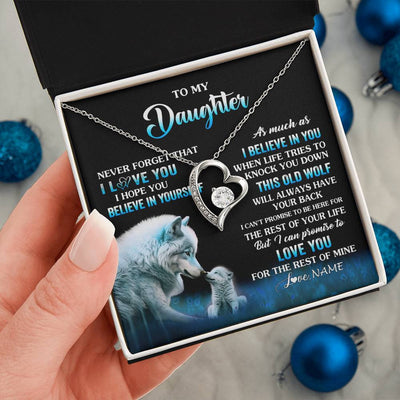 Forever Love Necklace 14K White Gold Finish | 2 | Personalized To My Daughter Necklace From Mom Dad This Old Wolf Love Daughter Birthday Gifts Jewelry Graduation Christmas Customized Gift Box Message Card | teecentury