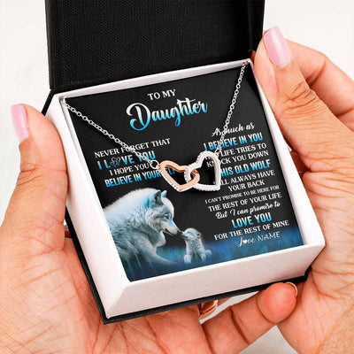 Interlocking Hearts Necklace Stainless Steel & Rose Gold Finish | 2 | Personalized To My Daughter Necklace From Mom Dad This Old Wolf Love Daughter Birthday Gifts Jewelry Graduation Christmas Customized Gift Box Message Card | teecentury