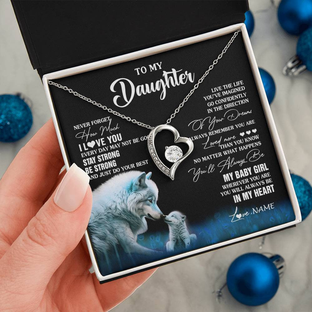 Forever Love Necklace 14K White Gold Finish | 2 | Personalized To My Daughter Necklace From Mom Dad Wolf Never Forget How Much I Love You Daughter Birthday Gifts Christmas Customized Gift Box Message Card | teecentury