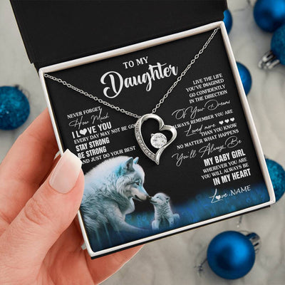 Forever Love Necklace 14K White Gold Finish | 2 | Personalized To My Daughter Necklace From Mom Dad Wolf Never Forget How Much I Love You Daughter Birthday Gifts Christmas Customized Gift Box Message Card | teecentury