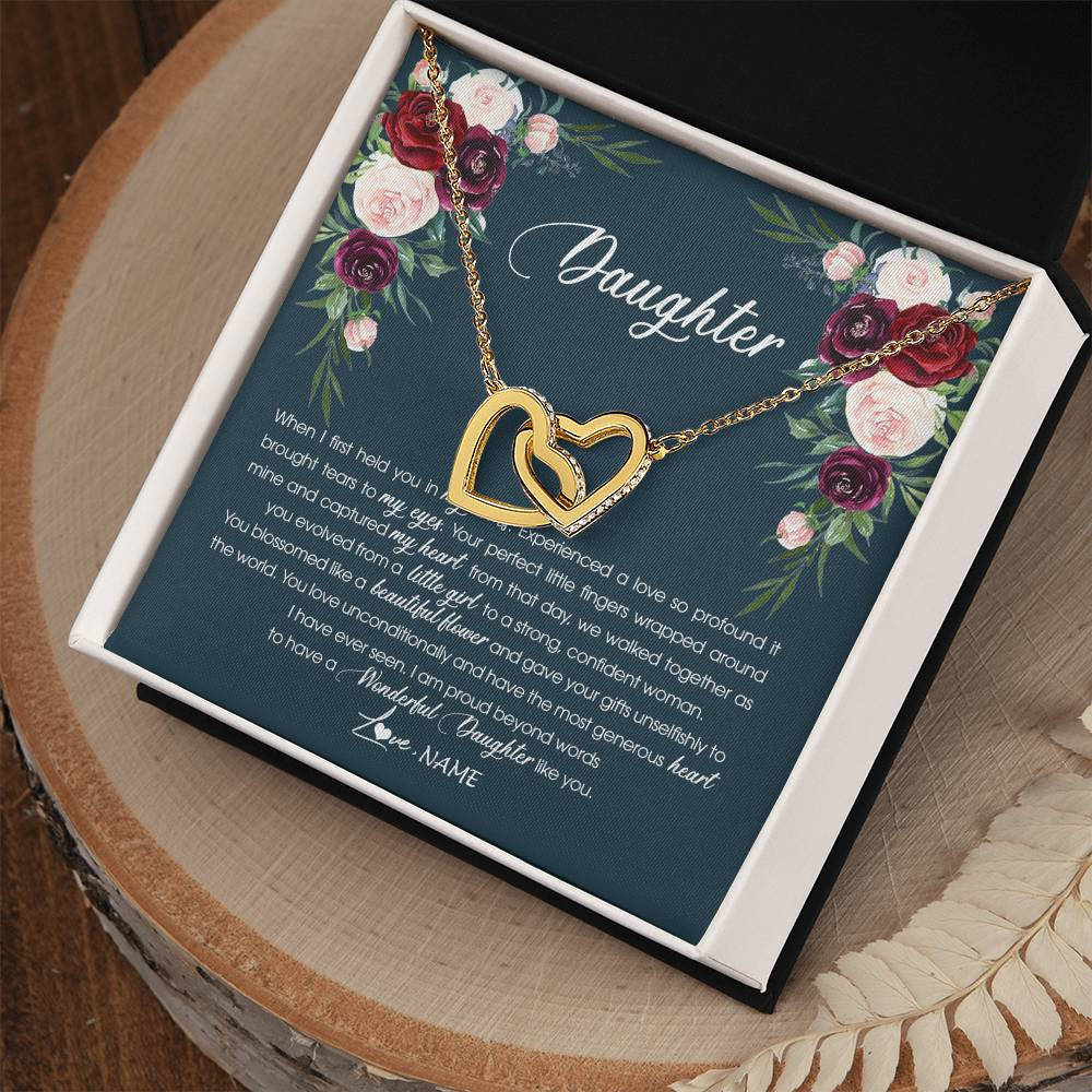Interlocking Hearts Necklace 18K Yellow Gold Finish | Personalized To My Daughter Necklace From Mom Dad Wonderful Daughter Like You Daughter Birthday Graduation Christmas Jewelry Customized Gift Box Message Card | teecentury