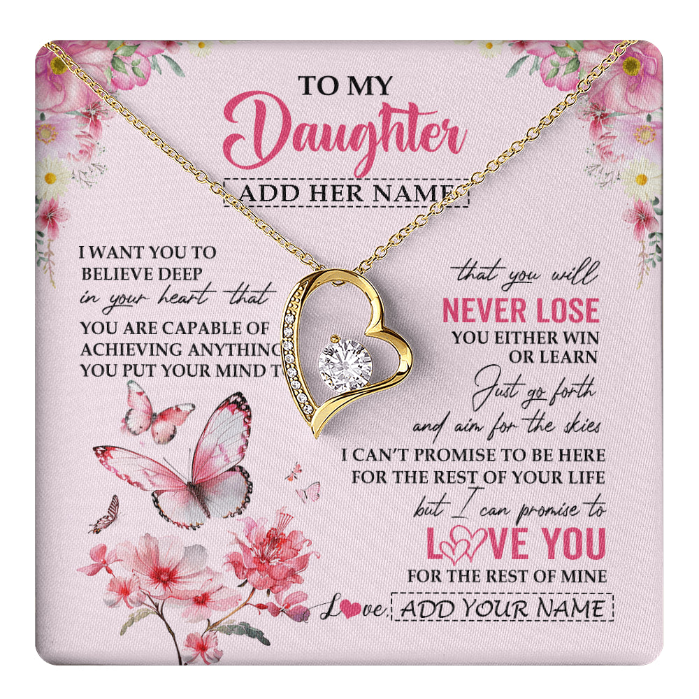 Forever Love Necklace 18K Yellow Gold Finish | 1 | Personalized To My Daughter Necklace From Mom Dad You Will Never Lose Butterfly Daughter Birthday Gifts Graduation Christmas Customized Gift Box Message Card | teecentury
