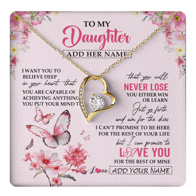 Forever Love Necklace 18K Yellow Gold Finish | 1 | Personalized To My Daughter Necklace From Mom Dad You Will Never Lose Butterfly Daughter Birthday Gifts Graduation Christmas Customized Gift Box Message Card | teecentury