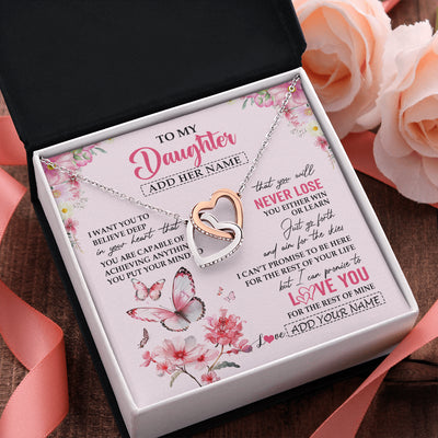 Interlocking Hearts Necklace Stainless Steel & Rose Gold Finish | 2 | Personalized To My Daughter Necklace From Mom Dad You Will Never Lose Butterfly Daughter Birthday Gifts Graduation Christmas Customized Gift Box Message Card | teecentury