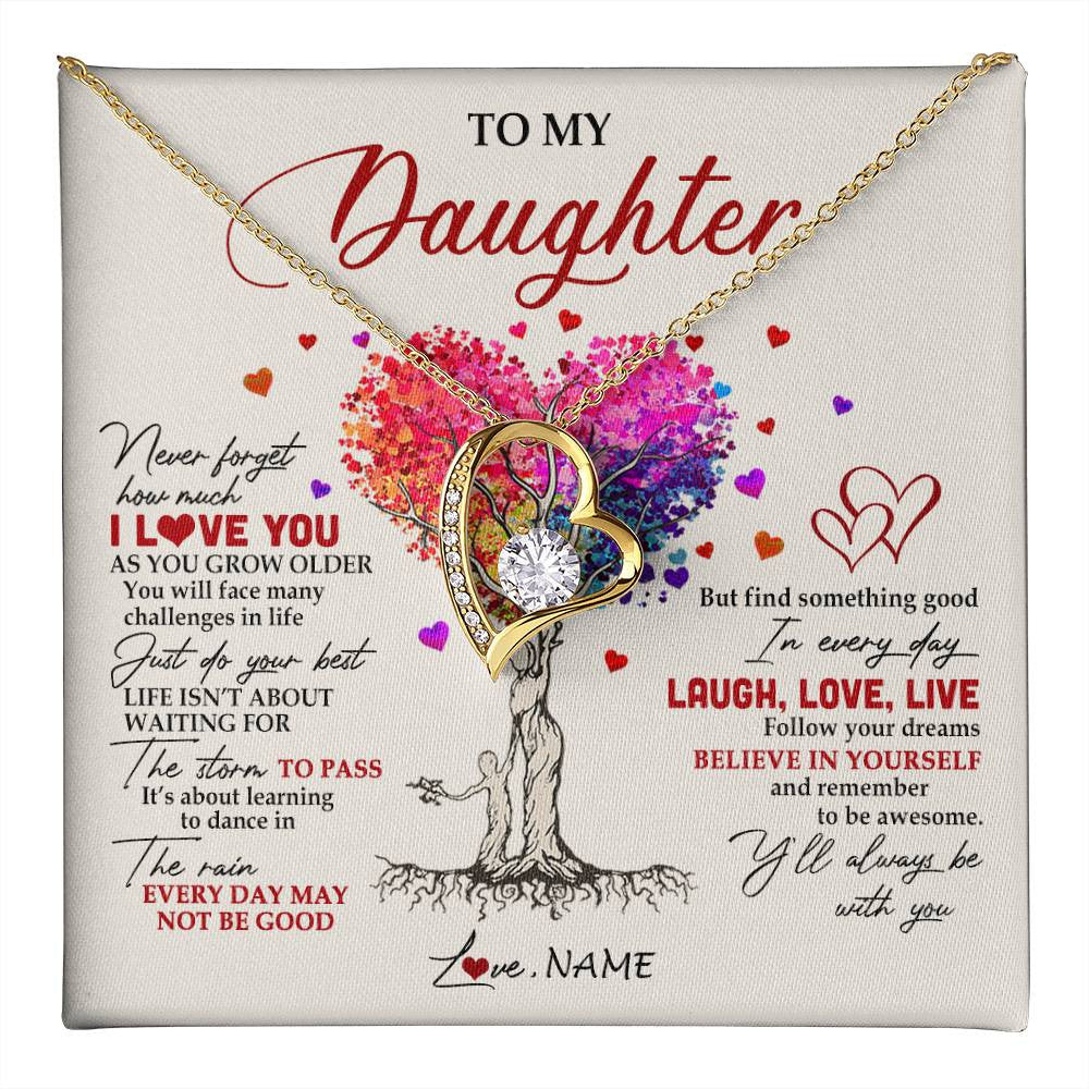 Forever Love Necklace 18K Yellow Gold Finish | 1 | Personalized To My Daughter Necklace From Mom Mother Colorful Tree Never Forget I Love You Daughter Birthday Christmas Customized Gift Box Message Card | teecentury