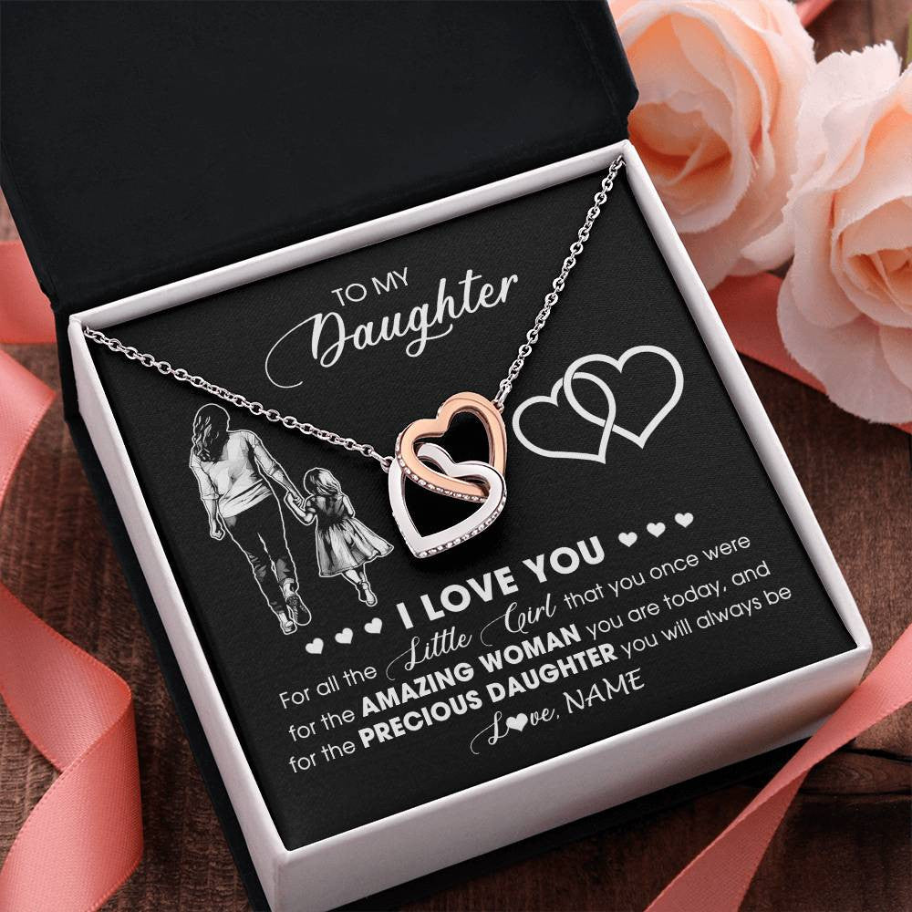 Interlocking Hearts Necklace Stainless Steel & Rose Gold Finish | 2 | Personalized To My Daughter Necklace From Mom Mother I Love You Little Girl Daughter Birthday Graduation Christmas Jewelry Customized Gift Box Message Card | teecentury