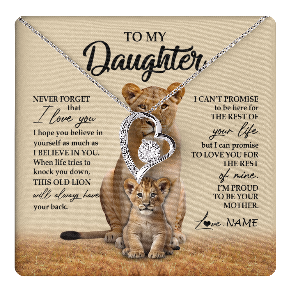 Forever Love Necklace 14K White Gold Finish | 1 | Personalized To My Daughter Necklace From Mom Mother Lion Never Forget That I Love You Daughter Jewelry Birthday Graduation Christmas Customized Message Card | teecentury