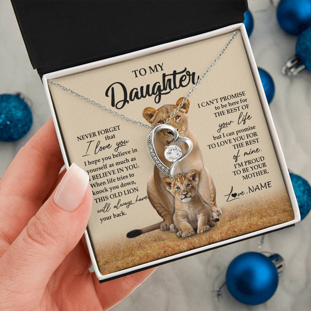 Forever Love Necklace 14K White Gold Finish | 2 | Personalized To My Daughter Necklace From Mom Mother Lion Never Forget That I Love You Daughter Jewelry Birthday Graduation Christmas Customized Message Card | teecentury