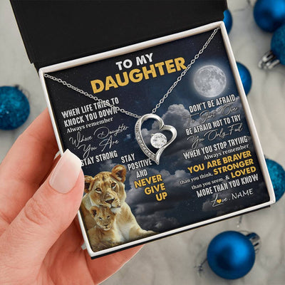 Forever Love Necklace 14K White Gold Finish | 2 | Personalized To My Daughter Necklace From Mom Mother Lion Never Give Up Daughter Birthday Graduation Jewelry Christmas Customized Gift Box Message Card | teecentury