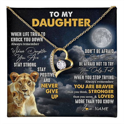 Forever Love Necklace 18K Yellow Gold Finish | 1 | Personalized To My Daughter Necklace From Mom Mother Lion Never Give Up Daughter Birthday Graduation Jewelry Christmas Customized Gift Box Message Card | teecentury