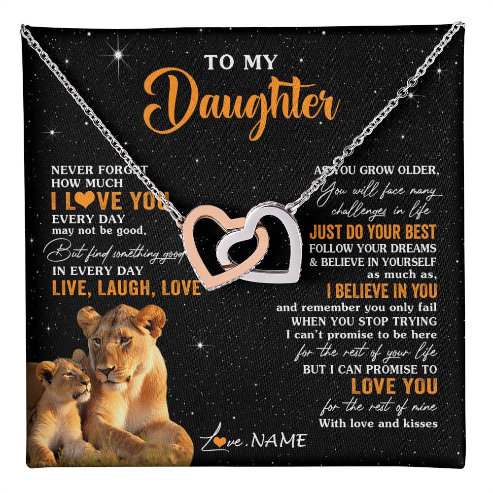Interlocking Hearts Necklace Stainless Steel & Rose Gold Finish | 1 | Personalized To My Daughter Necklace From Mom Mother Live Laugh Love Lion Daughter Birthday Positive Graduation Christmas Customized Gift Box Message Card | teecentury