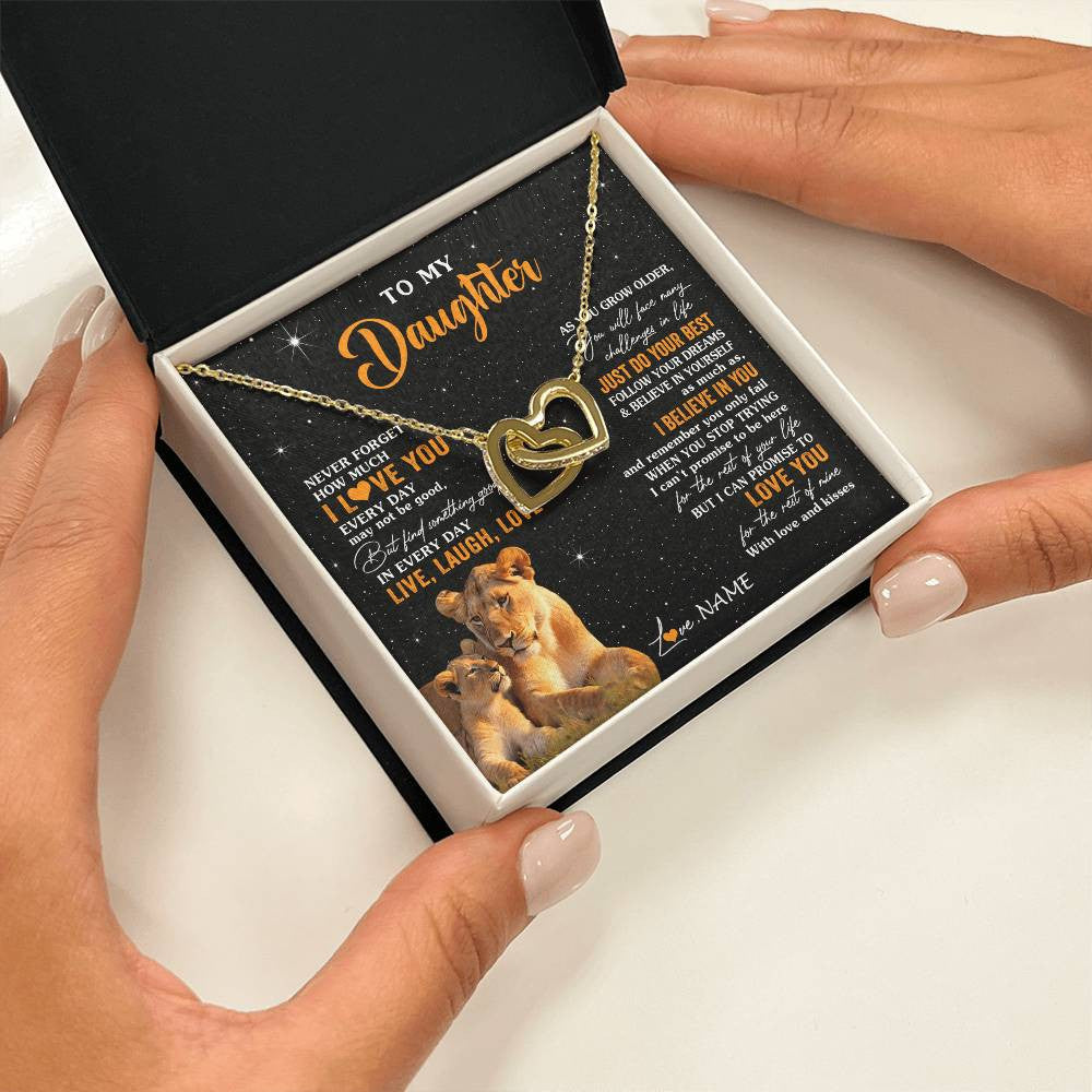 Interlocking Hearts Necklace 18K Yellow Gold Finish | 2 | Personalized To My Daughter Necklace From Mom Mother Live Laugh Love Lion Daughter Birthday Positive Graduation Christmas Customized Gift Box Message Card | teecentury
