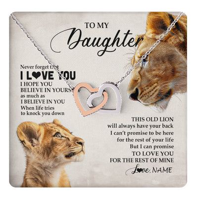 Interlocking Hearts Necklace Stainless Steel & Rose Gold Finish | 1 | Personalized To My Daughter Necklace From Mom Mother Never Forget I Love You Lion Daughter Birthday Graduation Christmas Customized Message Card | teecentury