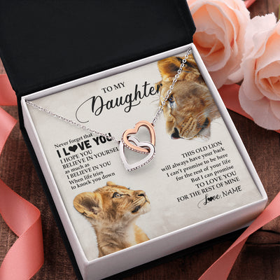 Interlocking Hearts Necklace Stainless Steel & Rose Gold Finish | 2 | Personalized To My Daughter Necklace From Mom Mother Never Forget I Love You Lion Daughter Birthday Graduation Christmas Customized Message Card | teecentury