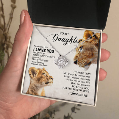 Love Knot Necklace 14K White Gold Finish | 2 | Personalized To My Daughter Necklace From Mom Mother Never Forget I Love You Lion Daughter Birthday Graduation Christmas Customized Message Card | teecentury