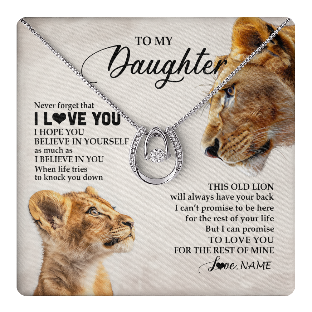 Lucky In Love Necklace 14K White Gold Finish | 1 | Personalized To My Daughter Necklace From Mom Mother Never Forget I Love You Lion Daughter Birthday Graduation Christmas Customized Message Card | teecentury