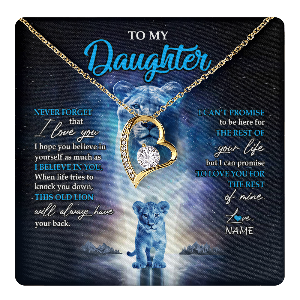 Forever Love Necklace 18K Yellow Gold Finish | 1 | Personalized To My Daughter Necklace From Mom Mother Never Forget I Love You Lion Daughter Jewelry Birthday Graduation Christmas Customized Message Card | teecentury
