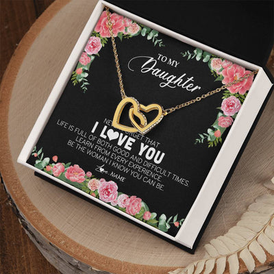 Interlocking Hearts Necklace 18K Yellow Gold Finish | Personalized To My Daughter Necklace from Dad Father Never Forget I Love You Floral Jewelry for Daughter Birthday Graduation Christmas Customized Message Card | teecentury