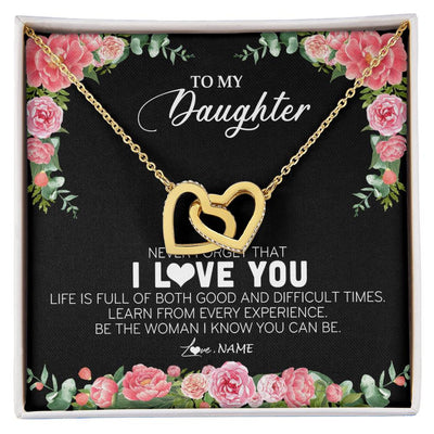 Interlocking Hearts Necklace 18K Yellow Gold Finish | Personalized To My Daughter Necklace from Dad Father Never Forget I Love You Floral Jewelry for Daughter Birthday Graduation Christmas Customized Message Card | teecentury