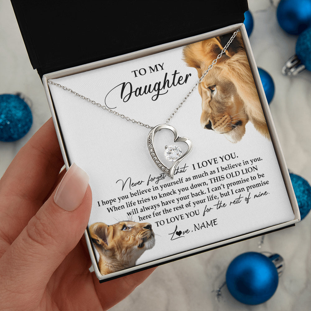 Forever Love Necklace 14K White Gold Finish | 2 | Personalized To My Daughter Necklace from Dad Father Never Forget I Love You Lion Jewelry Daughter Birthday Graduation Christmas Customized Message Card | teecentury
