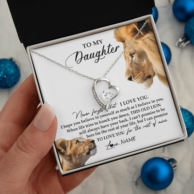 Forever Love Necklace 14K White Gold Finish | 2 | Personalized To My Daughter Necklace from Dad Father Never Forget I Love You Lion Jewelry Daughter Birthday Graduation Christmas Customized Message Card | teecentury