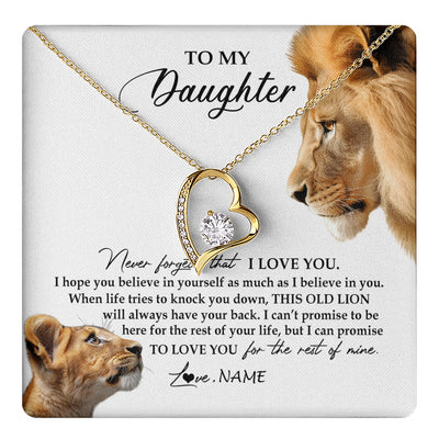 Forever Love Necklace 18K Yellow Gold Finish | 1 | Personalized To My Daughter Necklace from Dad Father Never Forget I Love You Lion Jewelry Daughter Birthday Graduation Christmas Customized Message Card | teecentury