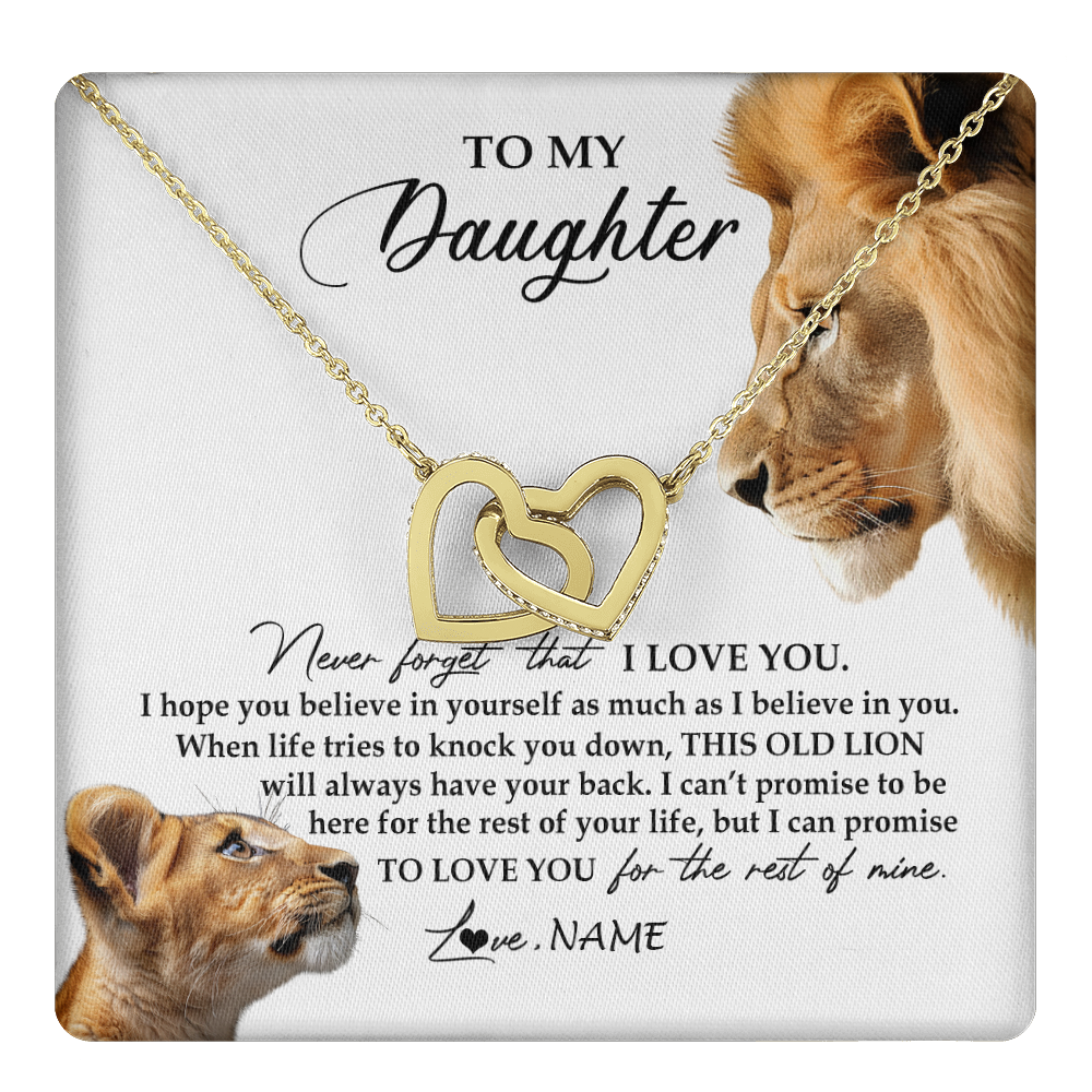 Interlocking Hearts Necklace 18K Yellow Gold Finish | 1 | Personalized To My Daughter Necklace from Dad Father Never Forget I Love You Lion Jewelry Daughter Birthday Graduation Christmas Customized Message Card | teecentury