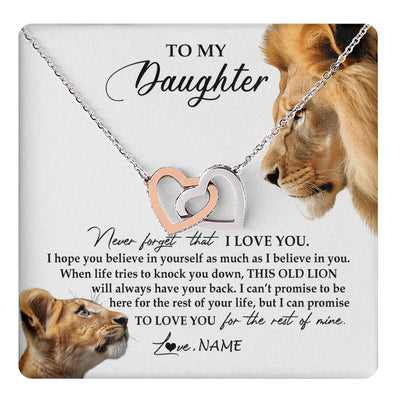 Interlocking Hearts Necklace Stainless Steel & Rose Gold Finish | 1 | Personalized To My Daughter Necklace from Dad Father Never Forget I Love You Lion Jewelry Daughter Birthday Graduation Christmas Customized Message Card | teecentury