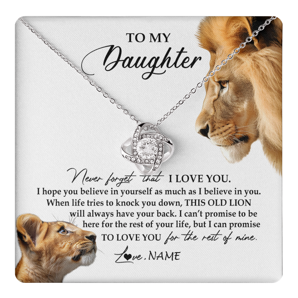 Love Knot Necklace 14K White Gold Finish | 1 | Personalized To My Daughter Necklace from Dad Father Never Forget I Love You Lion Jewelry Daughter Birthday Graduation Christmas Customized Message Card | teecentury