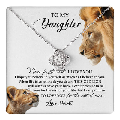 Love Knot Necklace 14K White Gold Finish | 1 | Personalized To My Daughter Necklace from Dad Father Never Forget I Love You Lion Jewelry Daughter Birthday Graduation Christmas Customized Message Card | teecentury
