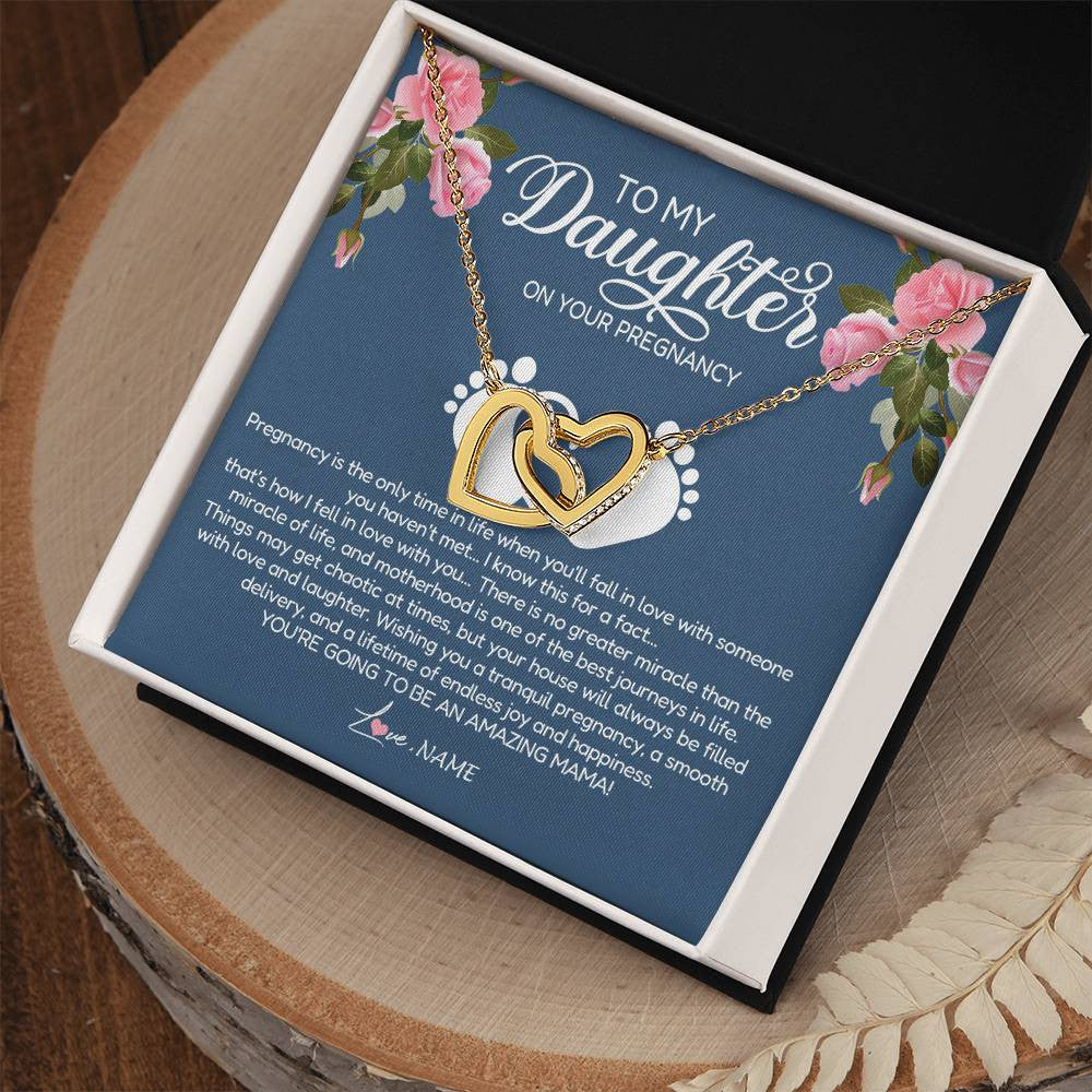 Interlocking Hearts Necklace 18K Yellow Gold Finish | Personalized To My Daughter On Your Pregnancy Necklace First Time Mom Expecting Mama Mom Mother's Day Pendant Jewelry Customized Gift Box Message Card | teecentury