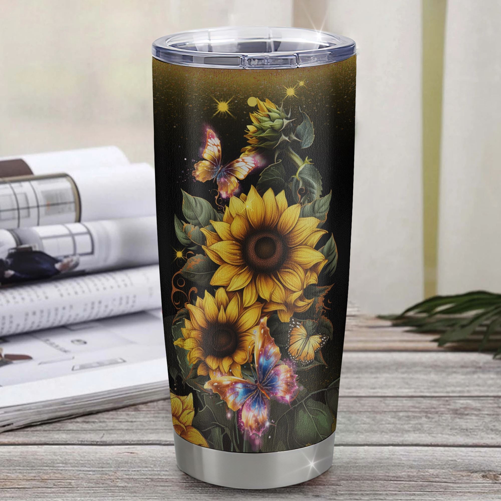 Personal Name Sunflower Heart - Engraved Stainless Steel Sunflower Tumbler,  Insulated Travel Mug, Cute Gift For Her