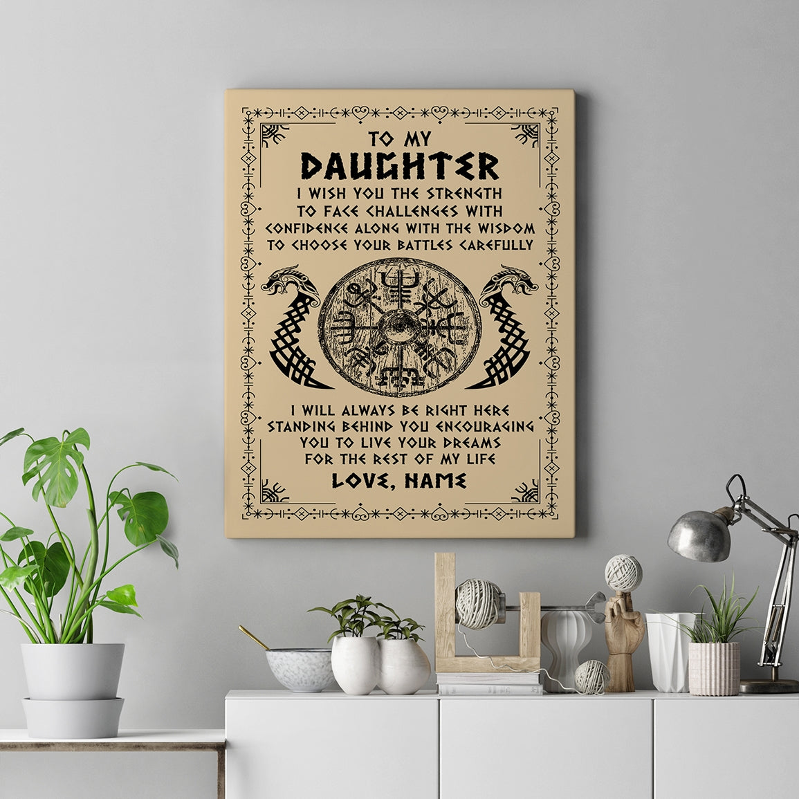 Personalized To My Daughter Viking Canvas I Wish You The Strength Scandinavian Norse Runes Viking For Women Birthday Gifts Christmas Custom Wall Art Print Framed Canvas | teecentury