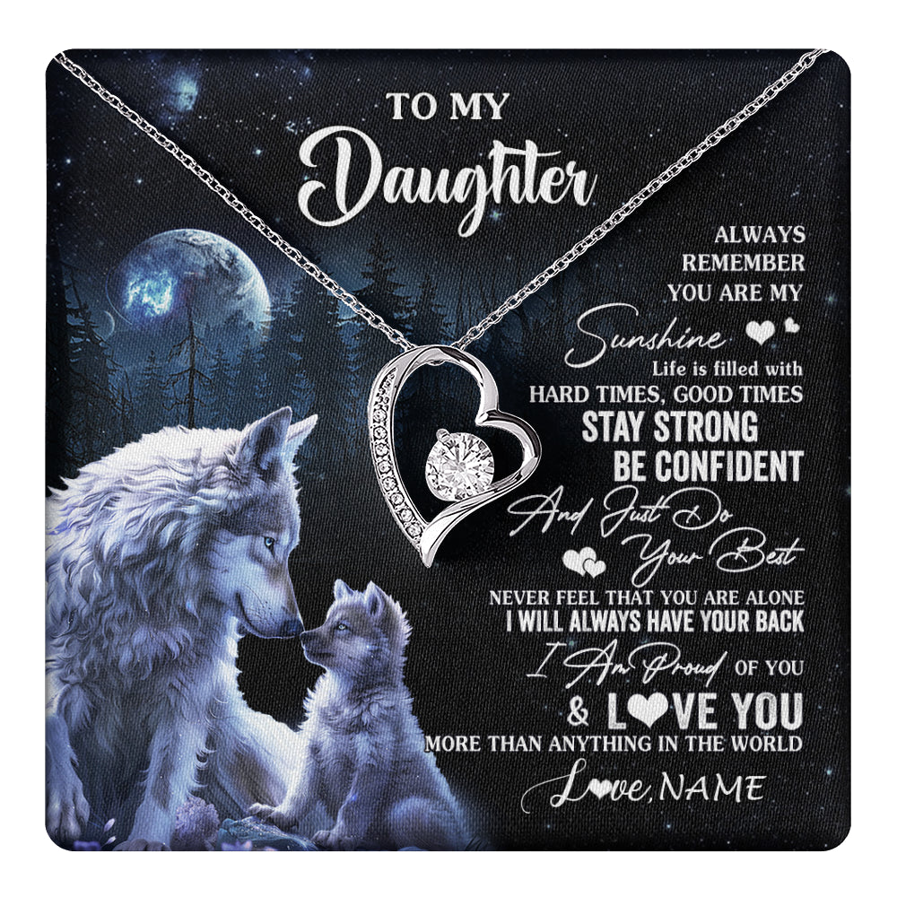 Forever Love Necklace 14K White Gold Finish | 1 | Personalized To My Daughter Wolf Necklace From Dad Mom Mother Always Remember Daughter Birthday Graduation Christmas Customized Gift Box Message Card | teecentury