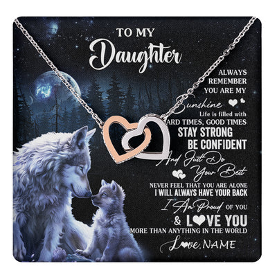 Interlocking Hearts Necklace Stainless Steel & Rose Gold Finish | 1 | Personalized To My Daughter Wolf Necklace From Dad Mom Mother Always Remember Daughter Birthday Graduation Christmas Customized Gift Box Message Card | teecentury