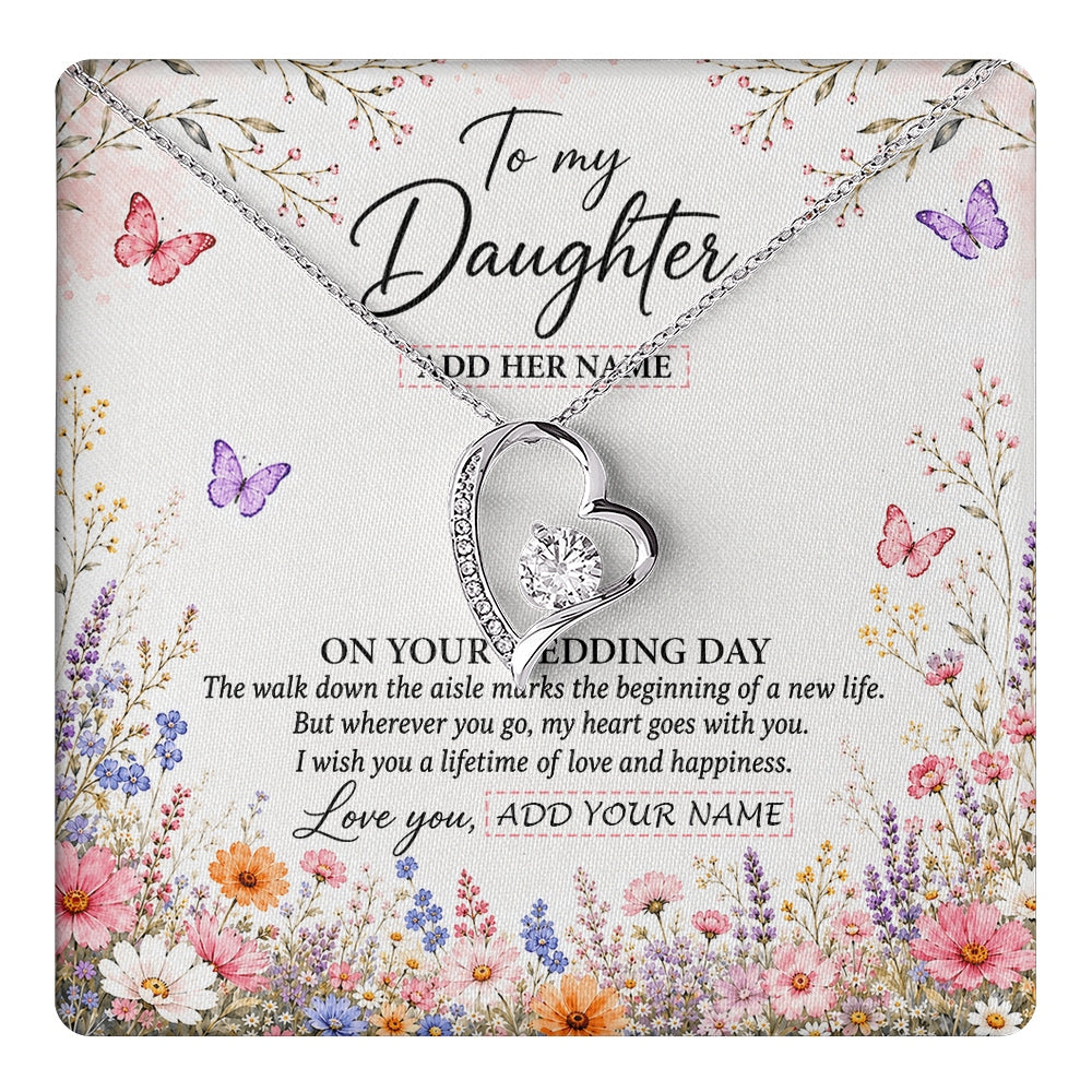 Forever Love Necklace 14K White Gold Finish | 1 | Personalized To My Daughter on Wedding Day Necklace From Mom Bridal Shower Gift for Bride from Mom Custom Name for Daughter Wedding Gift Box Message Card | https://teecentury.