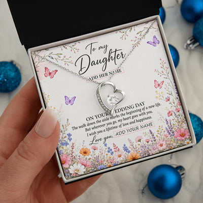 Forever Love Necklace 14K White Gold Finish | 2 | Personalized To My Daughter on Wedding Day Necklace From Mom Bridal Shower Gift for Bride from Mom Custom Name for Daughter Wedding Gift Box Message Card | https://teecentury.