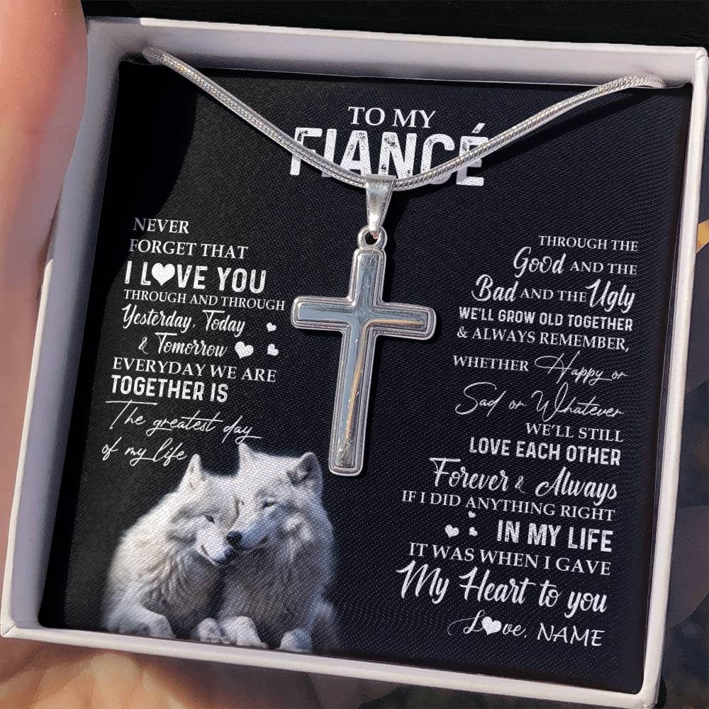 Stainless Cross Necklace Stainless Steel | 2 | Personalized To My Fiancé Necklace From Fiancée Wolf Never Forget That I Love You Fiancé Birthday Valentine Day Christmas Customized Gift Box Message Card | teecentury