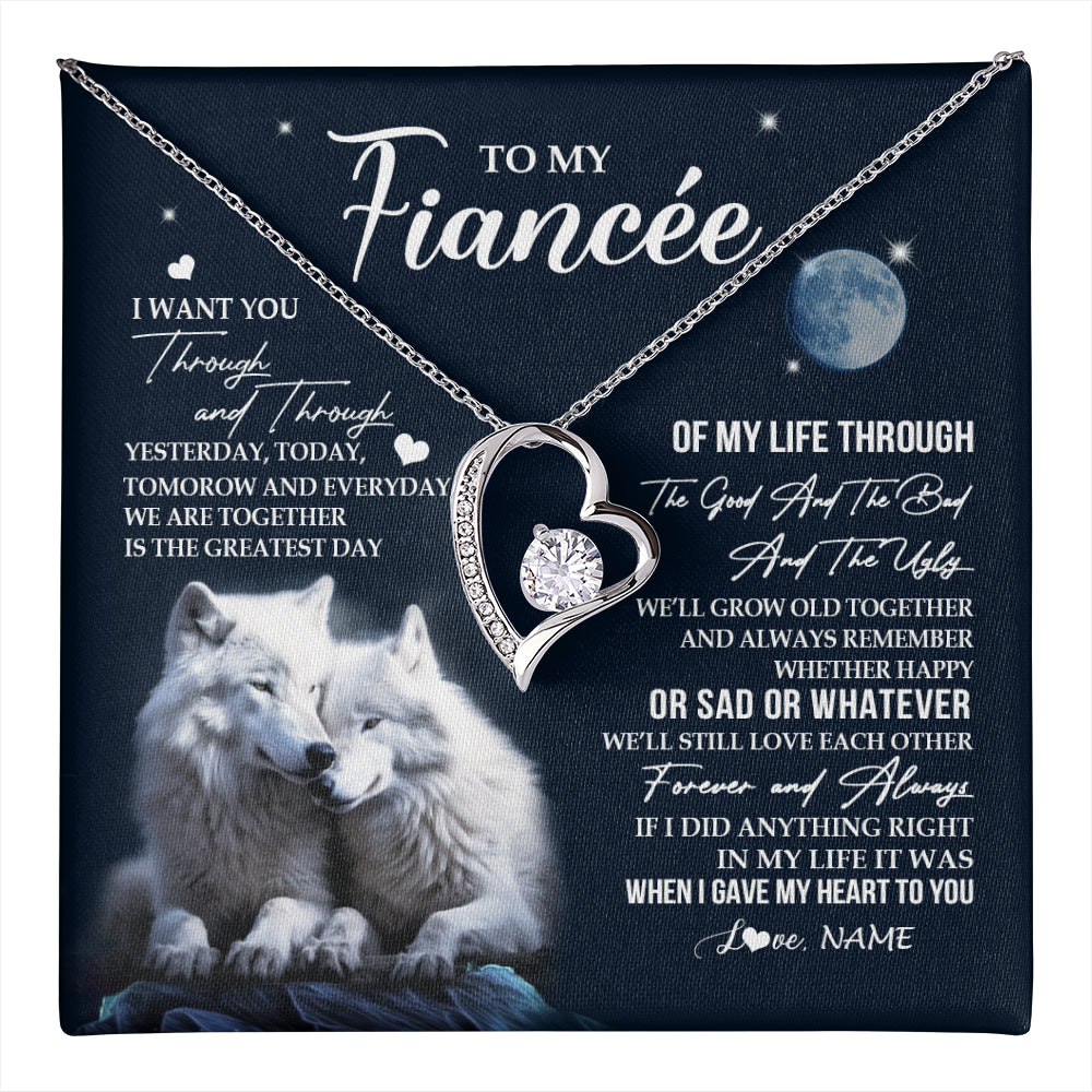 Forever Love Necklace 14K White Gold Finish | 1 | Personalized To My Fiancée Necklace From Fiancé I Want You Wolf Fiancee Birthday For Her Anniversary Valentines Day Christmas Customized Gift Box Message Card | teecentury